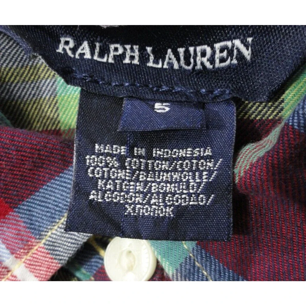 Ralph Lauren Button Up Long Sleeve Shirt Girls Size 5 Yellow Blue Plaid Ruffles
